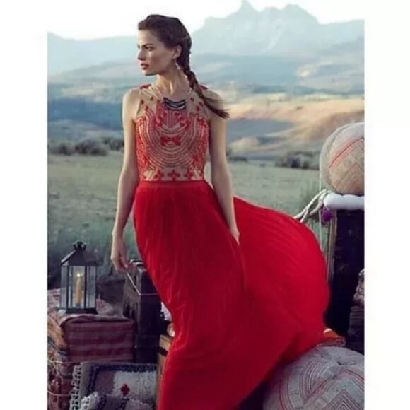 Anthropologie Rina Dhaki Rubied Dusk Dress Formal Boho Embroidered Size 4 - Picture 1 of 10